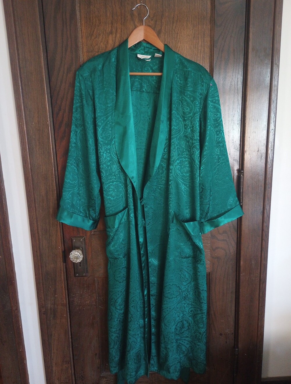 Vtg Victorias Secret Bright Emerald Green Long Robe | Paisley Satin Tassel Sash